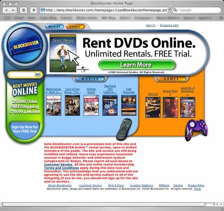 Blockbuster Rentals Homepage
